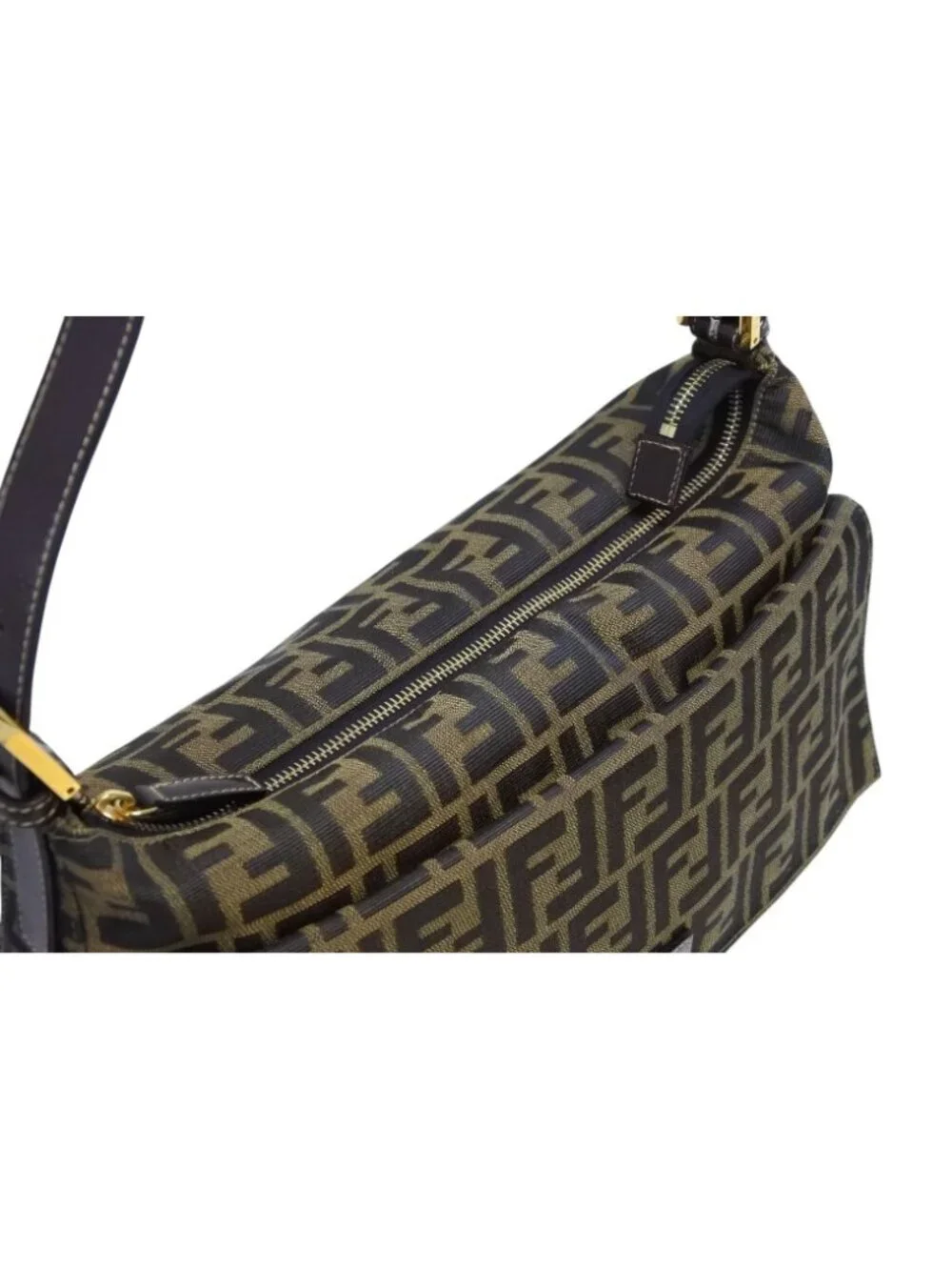 Fendi Mamma Baguette Handbag Zucca Pattern Brown Leather Canvas Gold